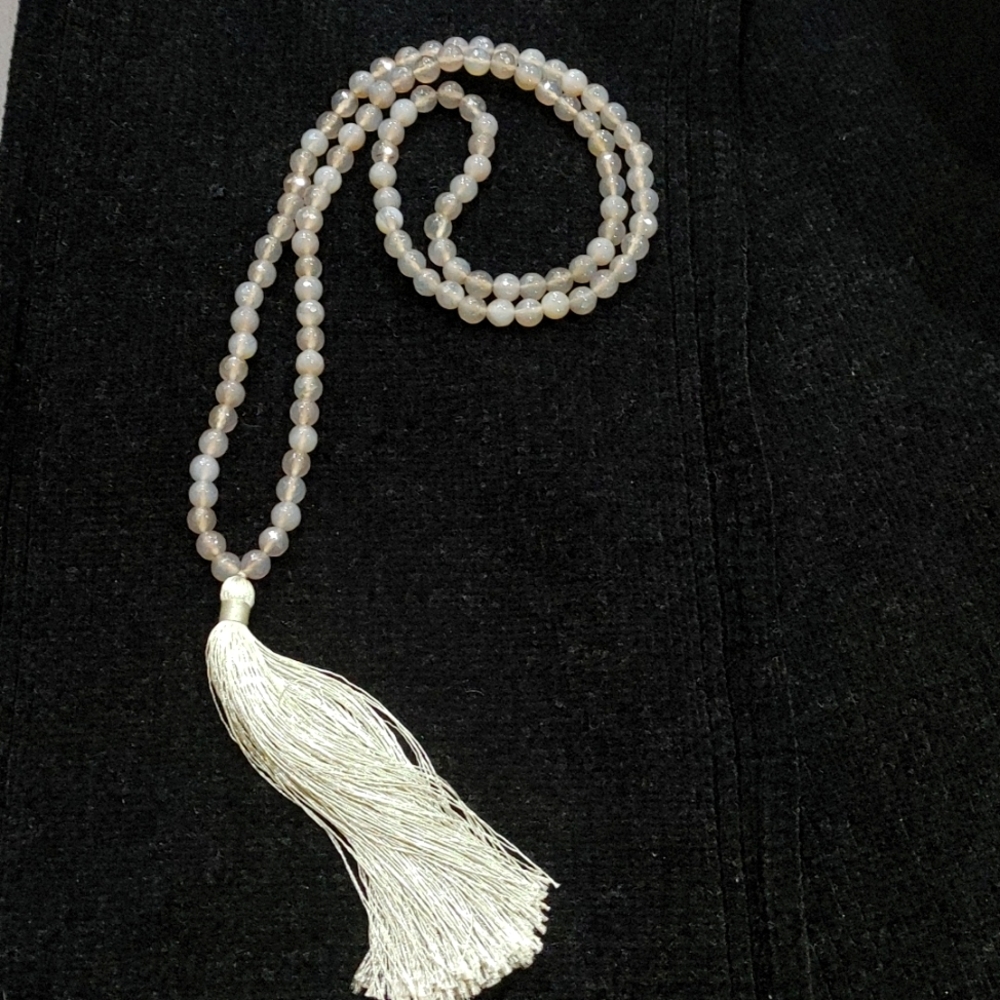 Grey Agate Mala Beads Necklace Meditation Tassel